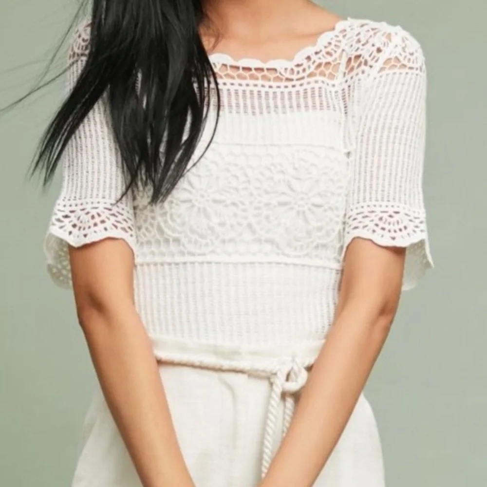 Anthropologie James Coviello White Crocheted Knit Lace Janice Top Women's Small